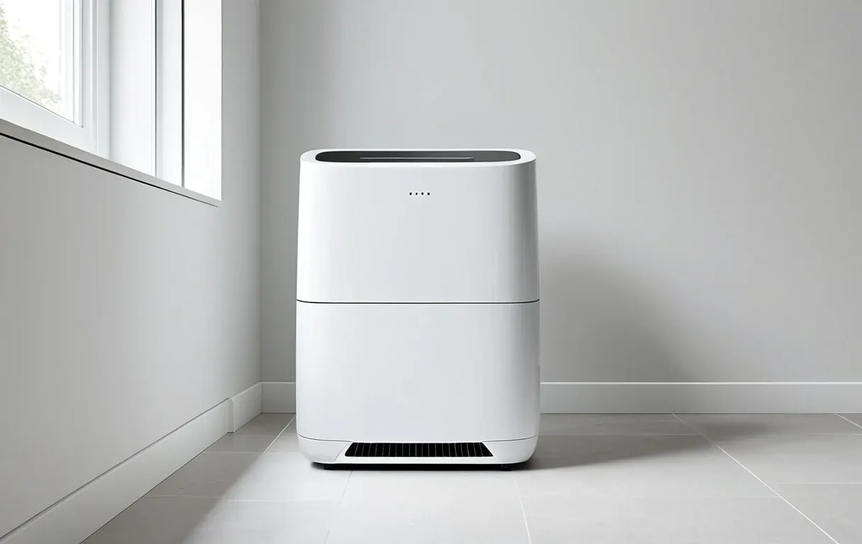 A modern dehumidifier running in a clean, bright finished basement.