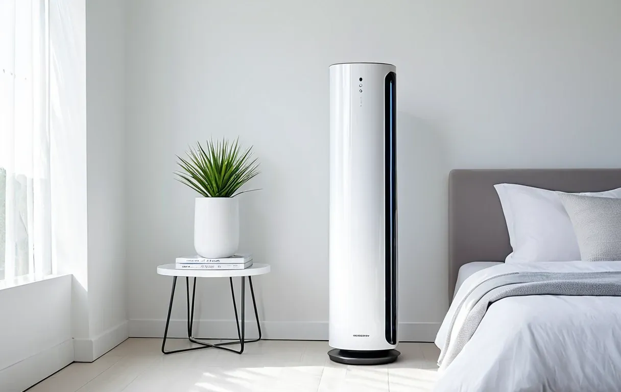 A tall tower air purifier in a modern bedroom — great for particles, limited on gases.