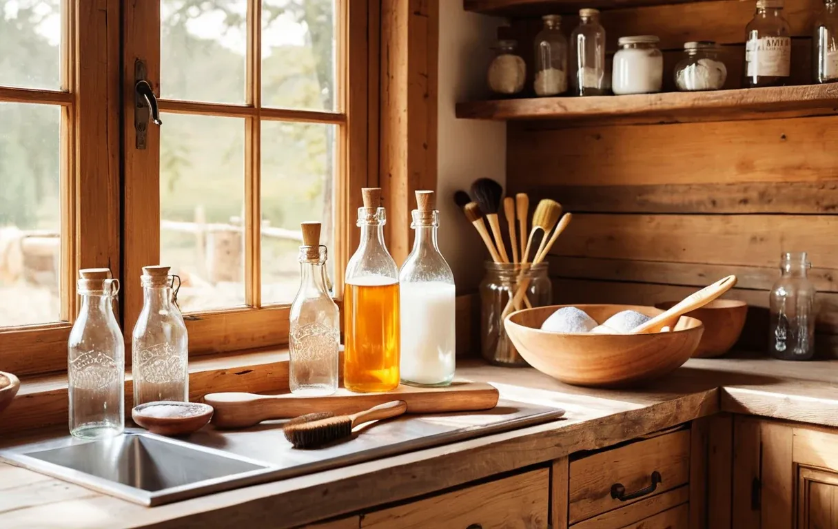 A cozy farmhouse kitchen with simple natural cleaning supplies — you don't need bleach fumes to clean mold.