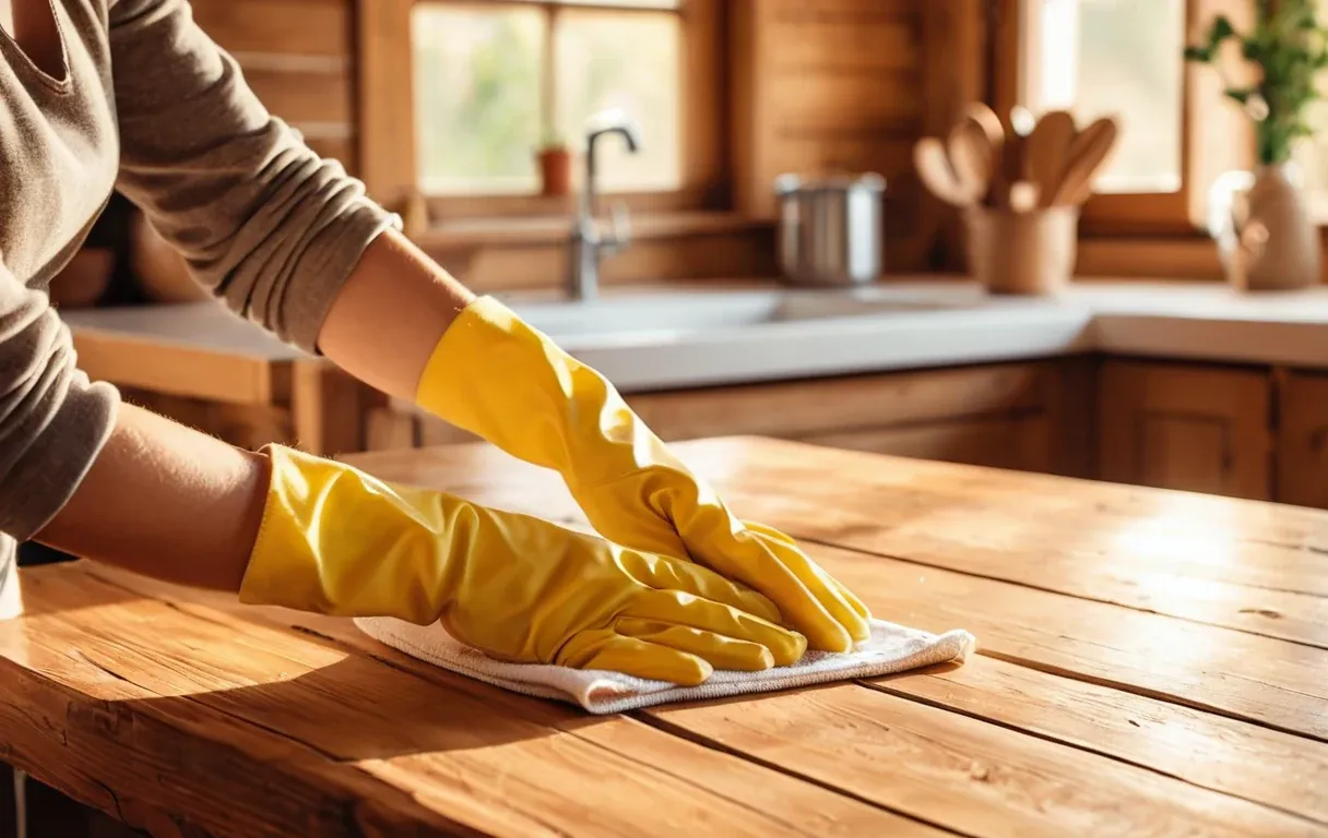 A gloved hand wiping a hard surface with a natural spray cleaner.