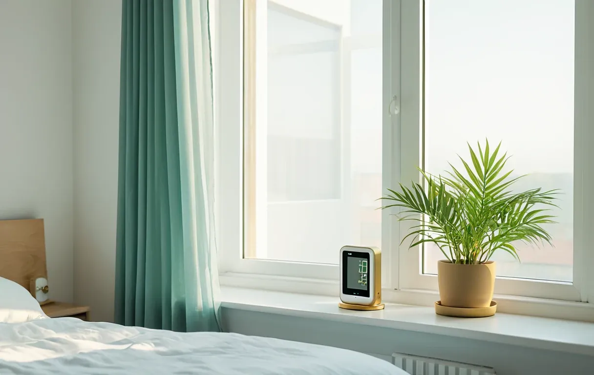 A humidity monitor on a sunlit sill — an instrument answers what a symptom cannot.