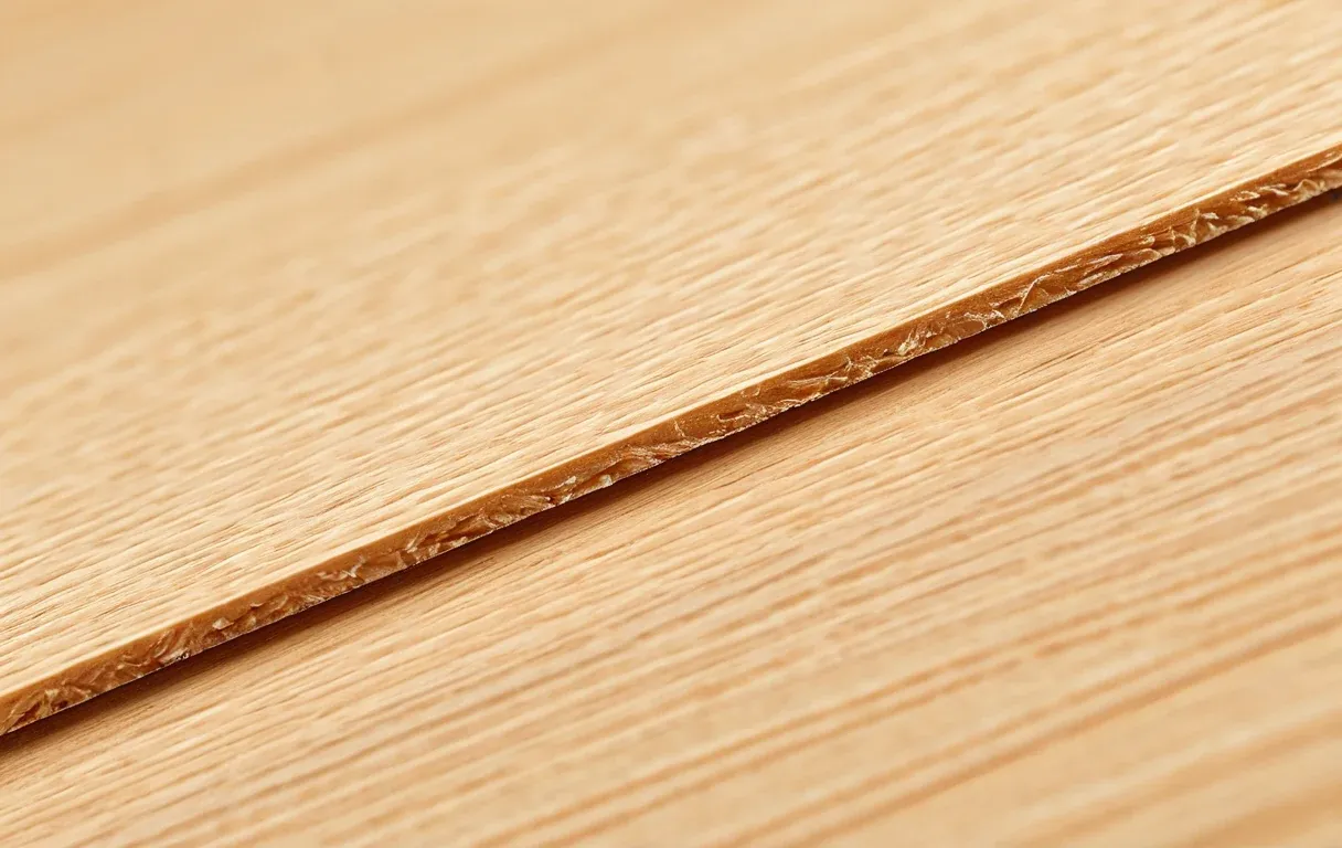 Macro of an engineered-wood edge — resin-bonded chips are where a new build's formaldehyde comes from.