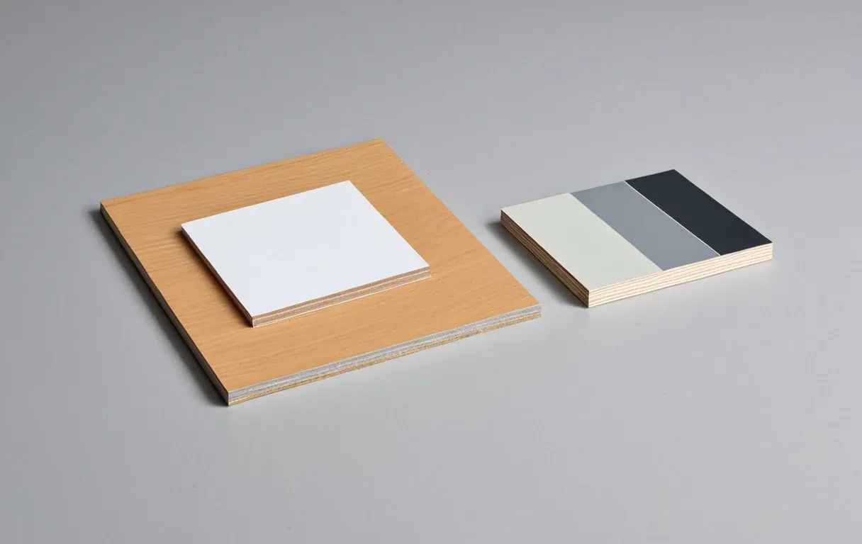 Sample squares of engineered wood, plywood and flooring — the materials that carry a new build's chemical load.