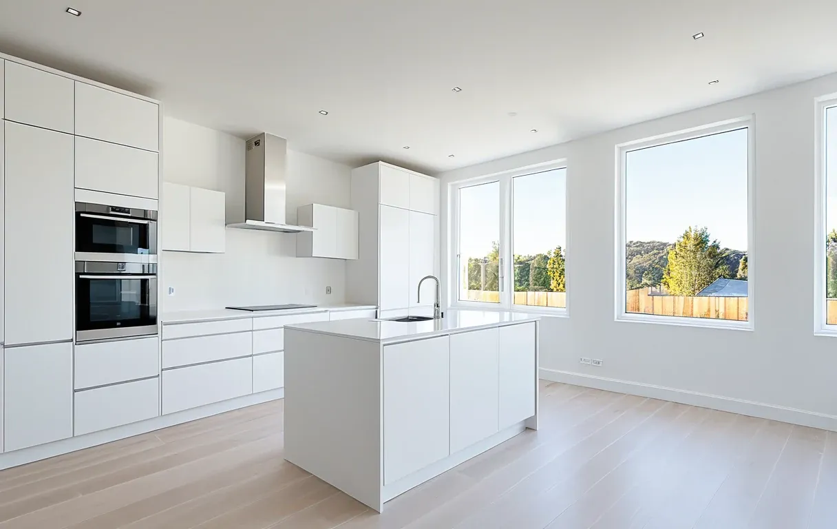 A new kitchen with every cabinet door open — closed casework is where formaldehyde concentrates.