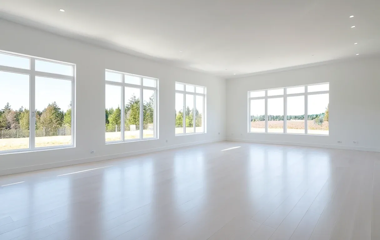 An empty, newly finished living room — the decision point before anything is signed.