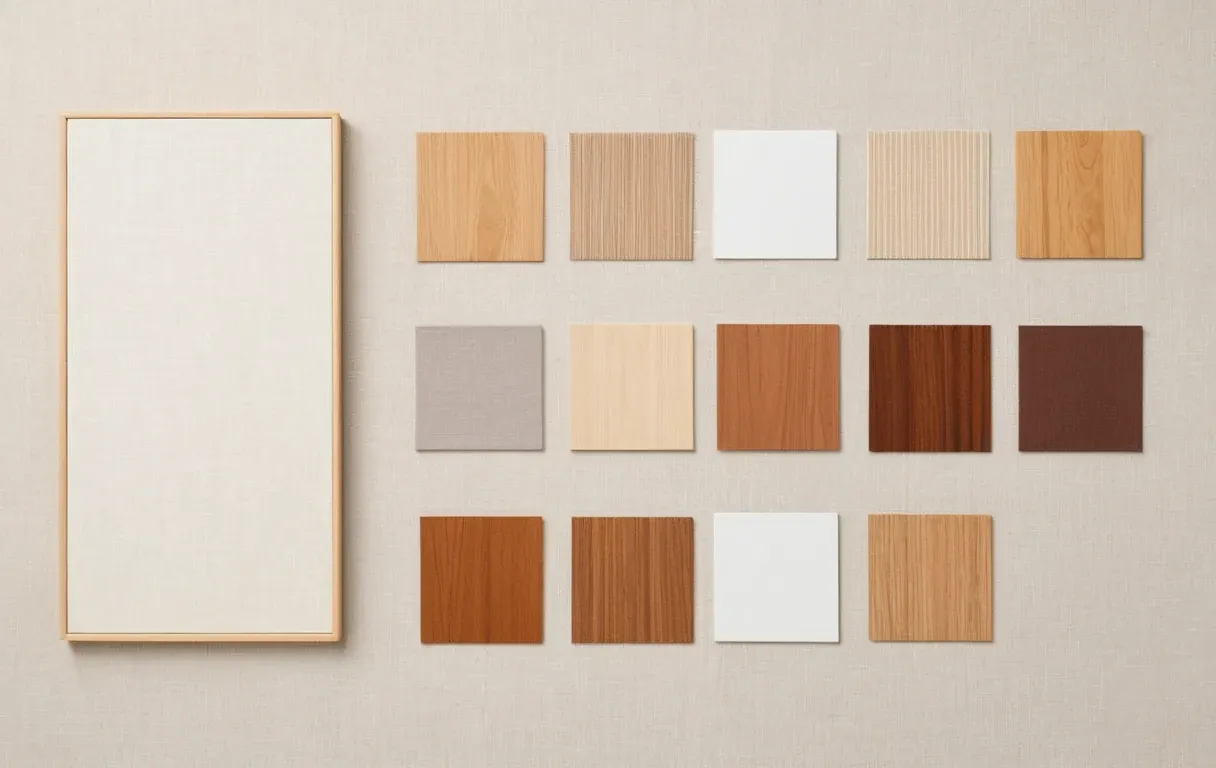 Flooring, textile and wood samples laid out — the three product families where certifications matter most.