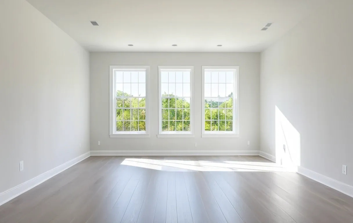 An empty new room with windows open on opposite walls — cross-ventilation is the cheapest way to lower the load.