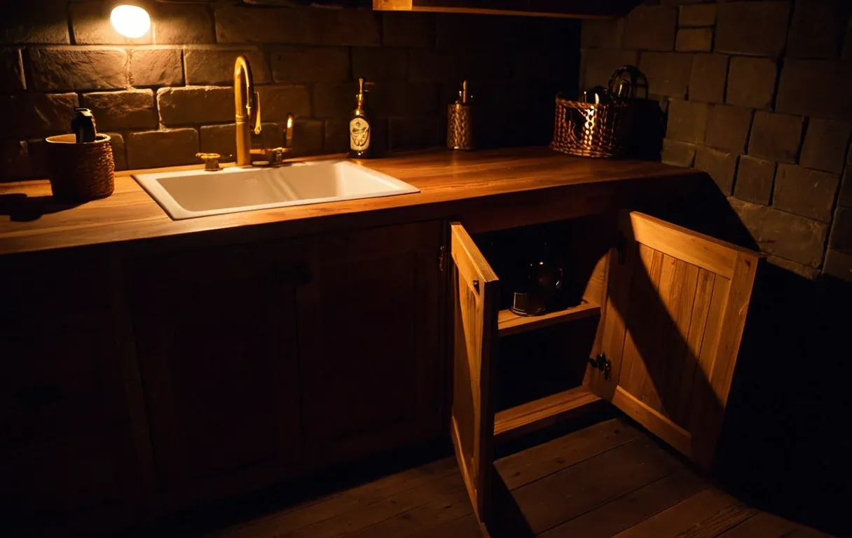 A flashlight beam in the back corner of an under-sink cabinet — the first and highest-yield stop on the walkthrough.