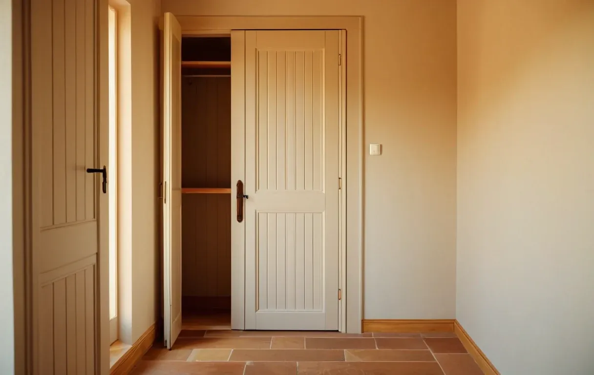 A utility closet standing open — where the fan runs, and where a badly located intake hides.