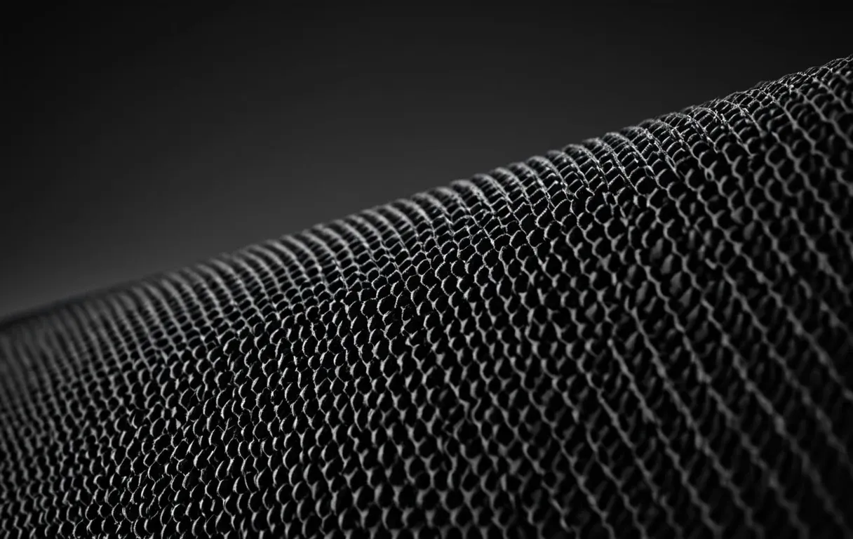 Macro of a dense activated-carbon filter medium — carbon adsorbs the gases HEPA cannot.