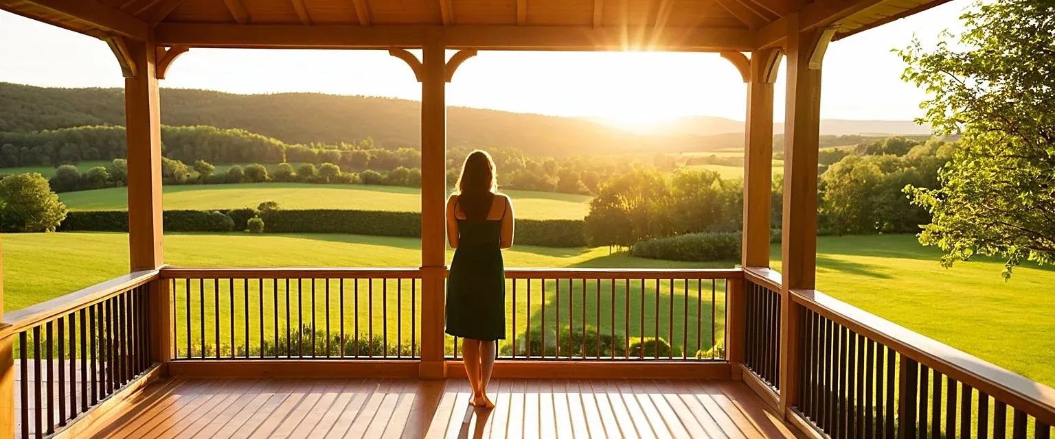 A woman standing at a porch railing, looking out over sunlit countryside at golden hour