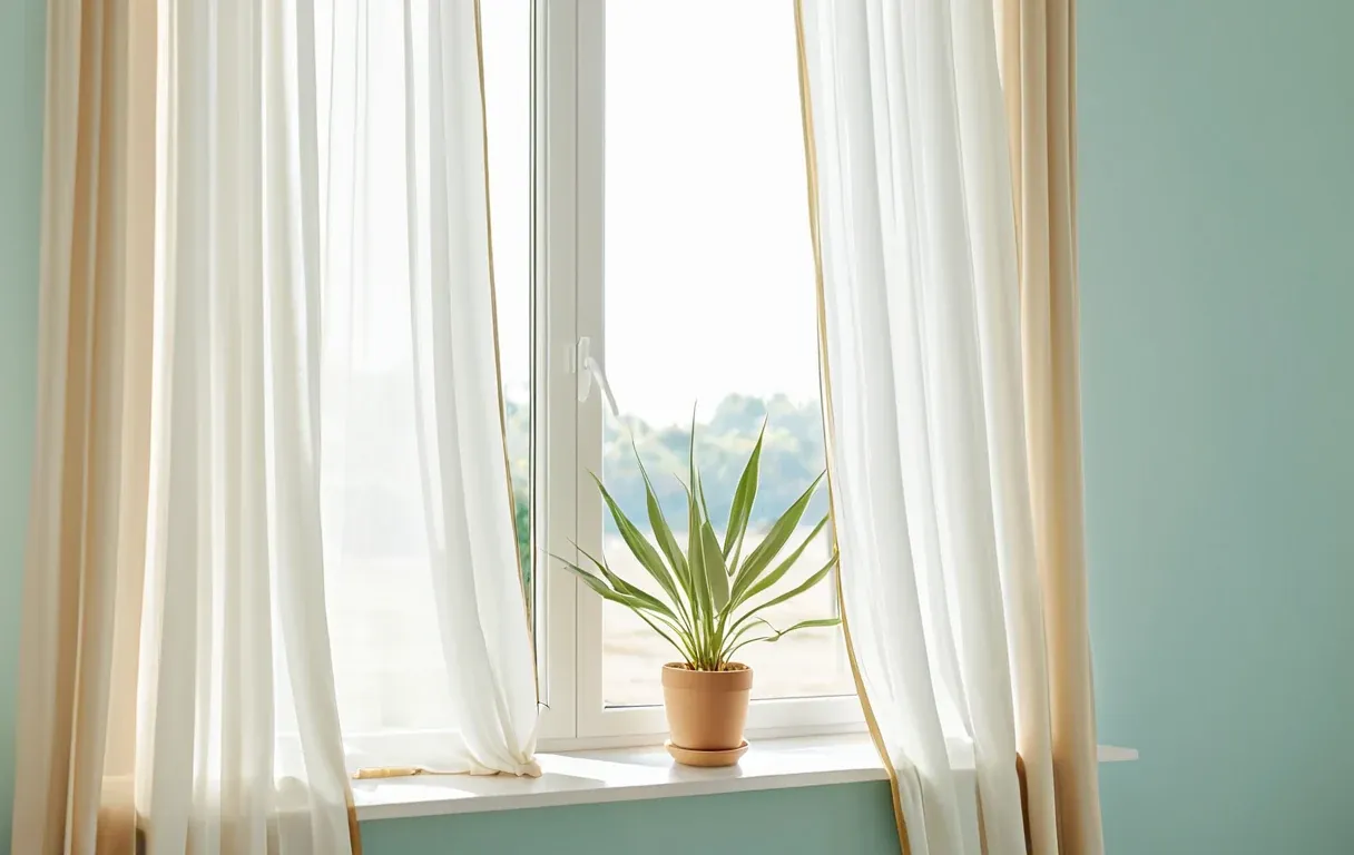 Fresh air and sunlight through an open window with plants on the sill — ventilation and humidity control keep mold away.