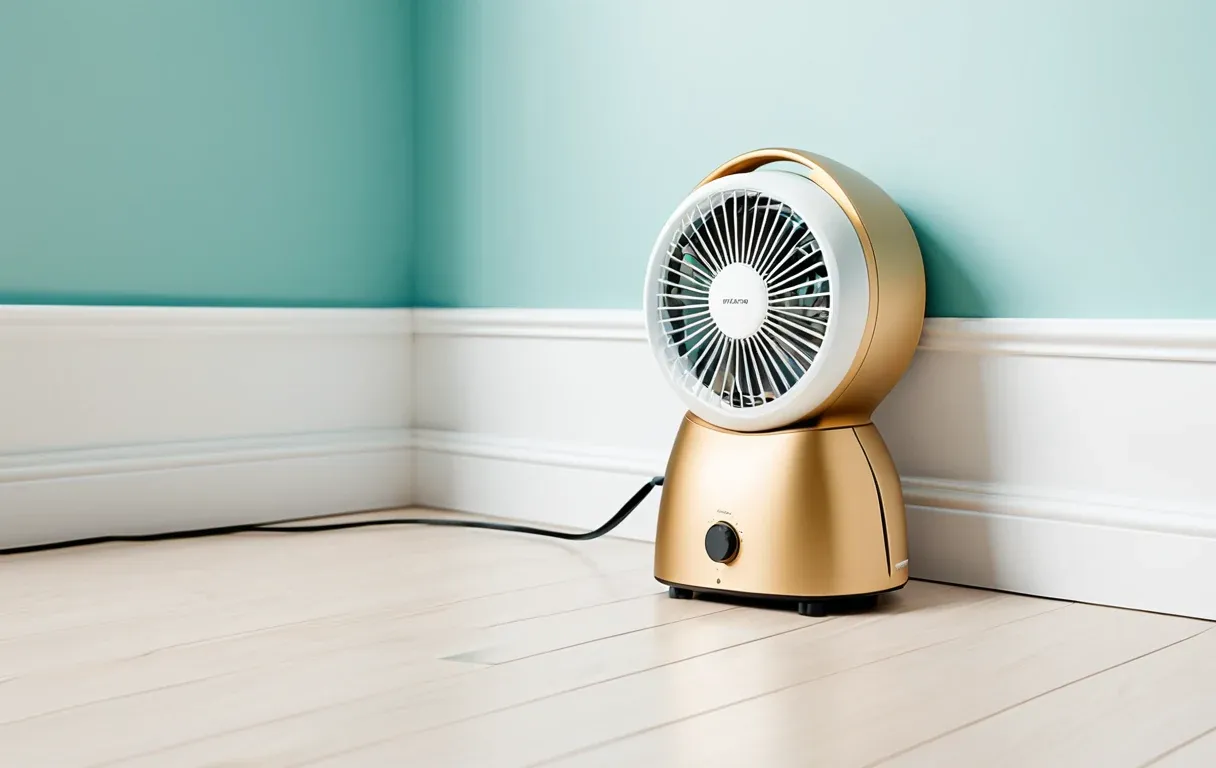 An air mover fan drying a baseboard and wall corner — drying wet materials within 24 to 48 hours stops mold before it starts.