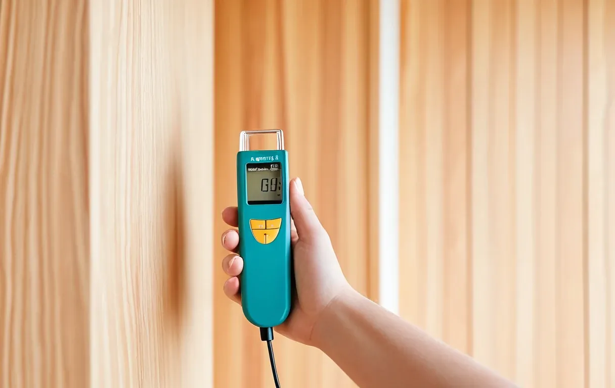 A moisture meter checked against new framing during a walkthrough — dry framing is the question that actually matters.